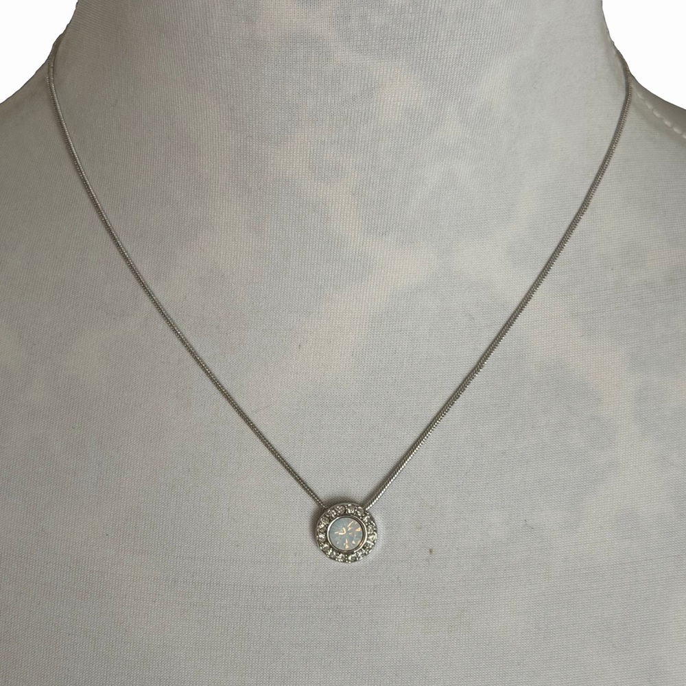 Silver Tone Opaline Colored Crystal Halo Pendant Necklace – Adjustable Chain